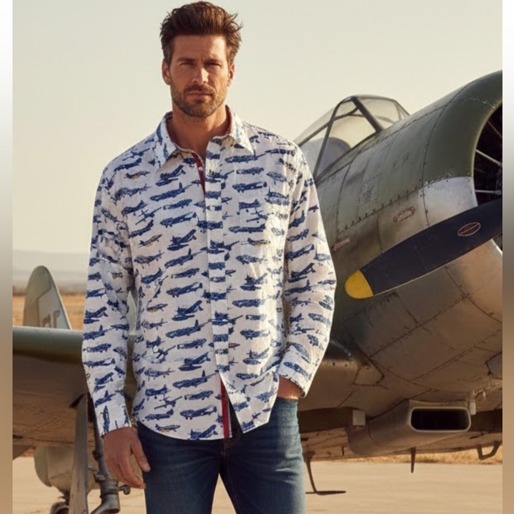 Tommy Hilfiger Navy Surplus Style War Planes  Button-Up Shirt - Size Large